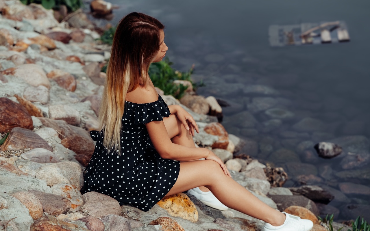 women, dress, sneakers, polka dots, sitting, river, brunette, women outdoors, long hair