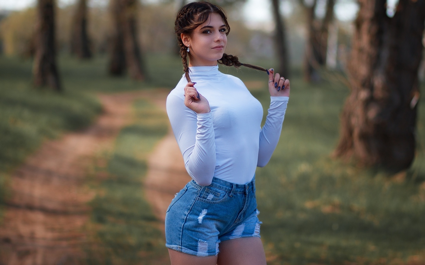 women, portrait, pigtails, women outdoors, smiling, blue nails, trees, depth of field, hands in hair