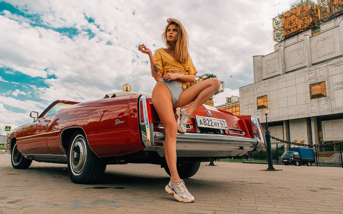 women, blonde, women outdoors, sneakers, women with cars, tattoo, aleksey trifonov