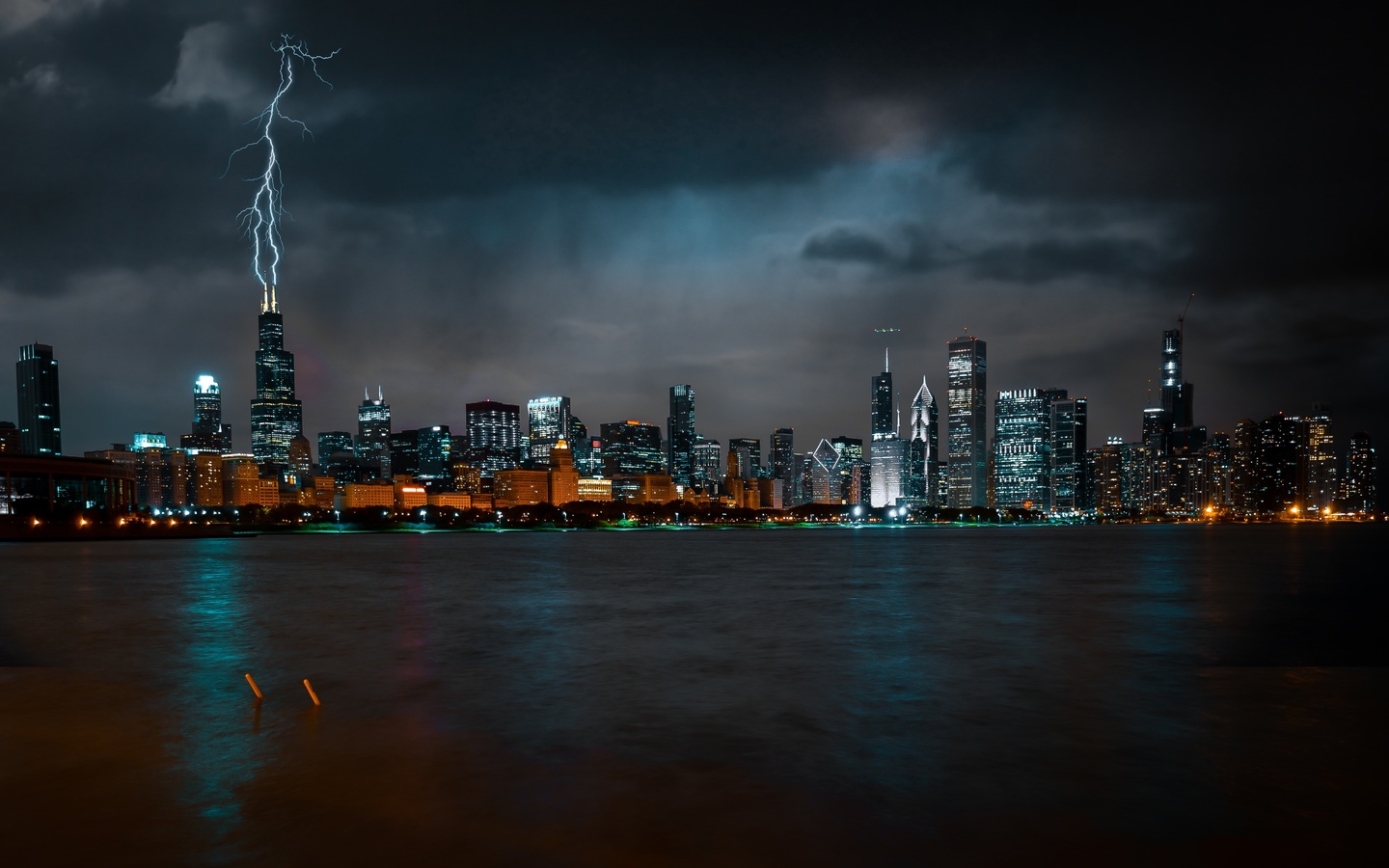 chicago, night, skyscrapers, metropolis, lightning rod