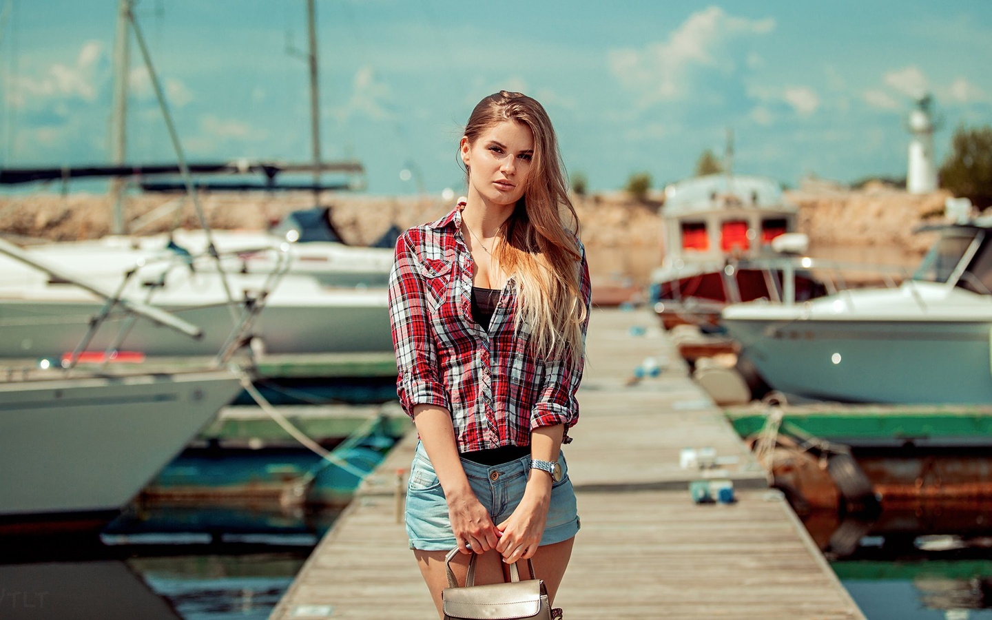 women, blonde, jean shorts, plaid shirt, boat, pier, handbags, long hair,  ,aleksandr suhar