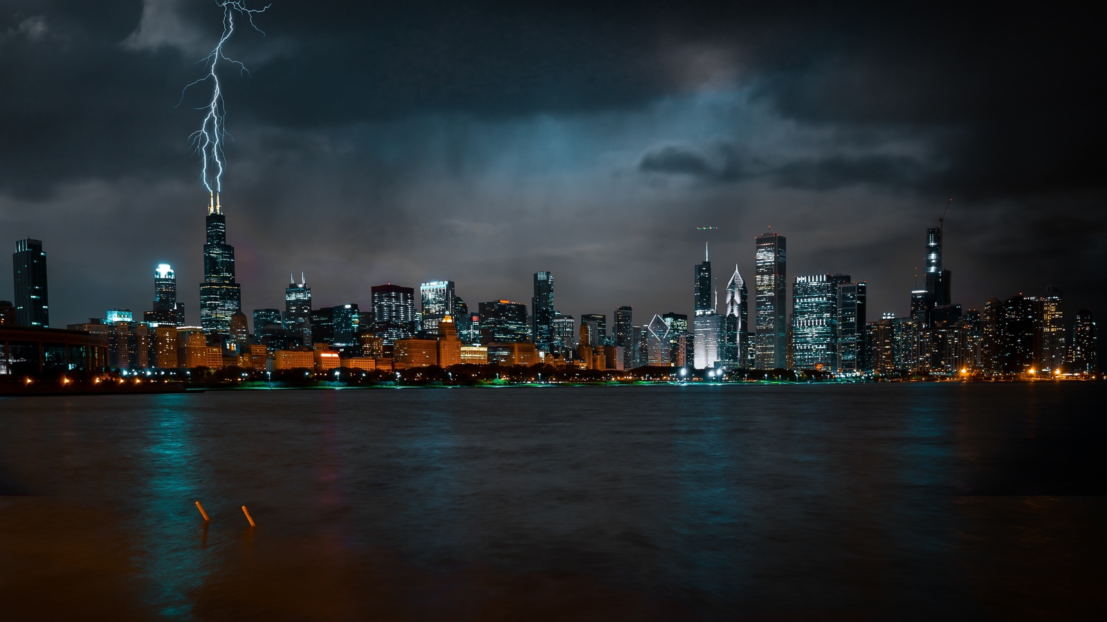 chicago, night, skyscrapers, metropolis, lightning rod