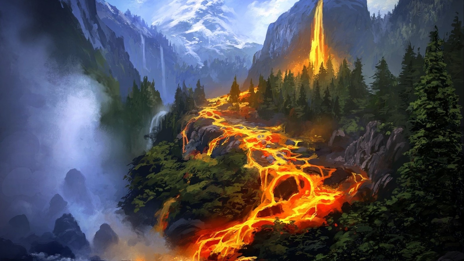 fantasy wallpapers  fantasy, mountain, fire, tree