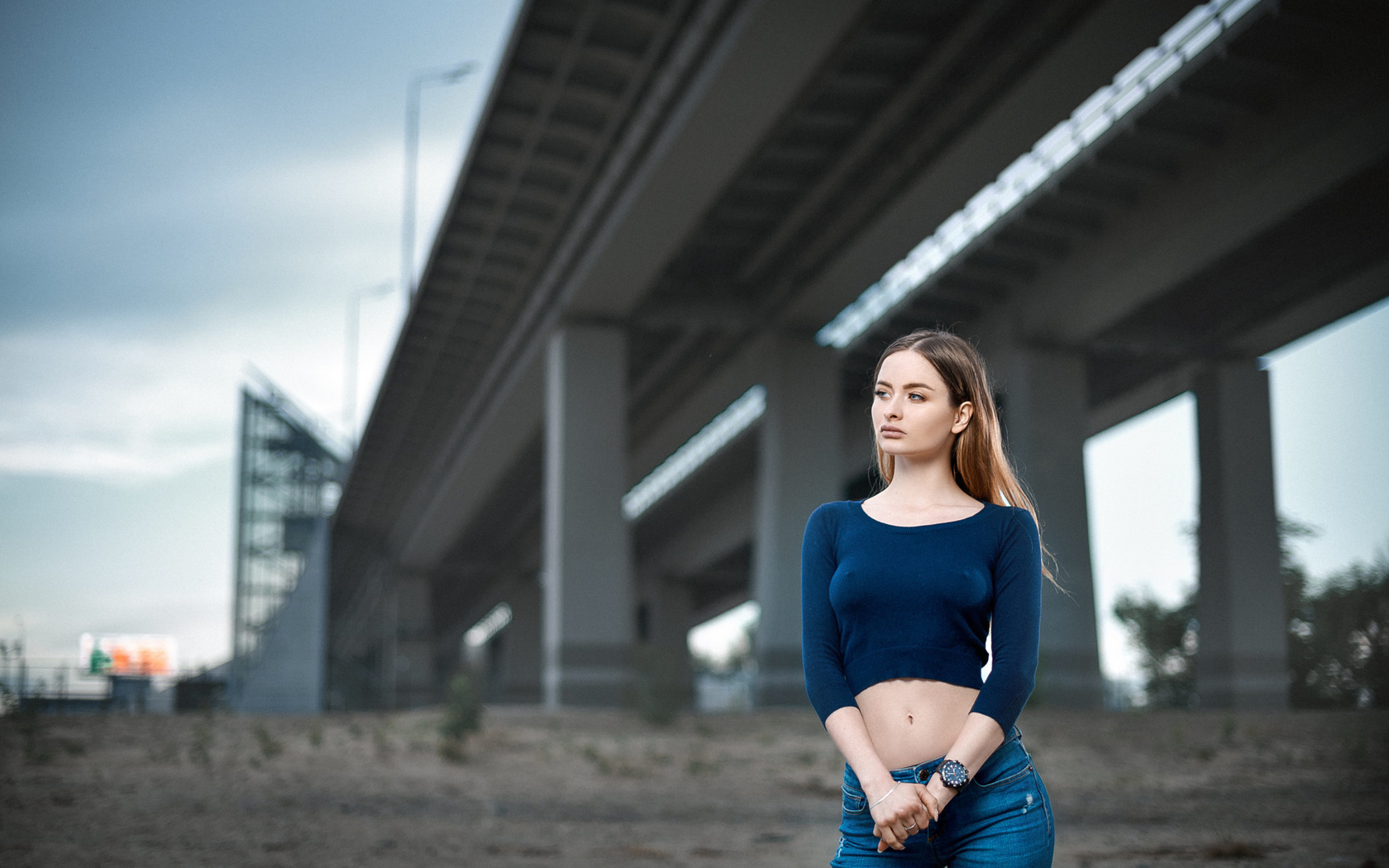 women, nipples through clothing, jeans, looking away, long hair, bridge, women outdoors, belly,   ,sergey gokk