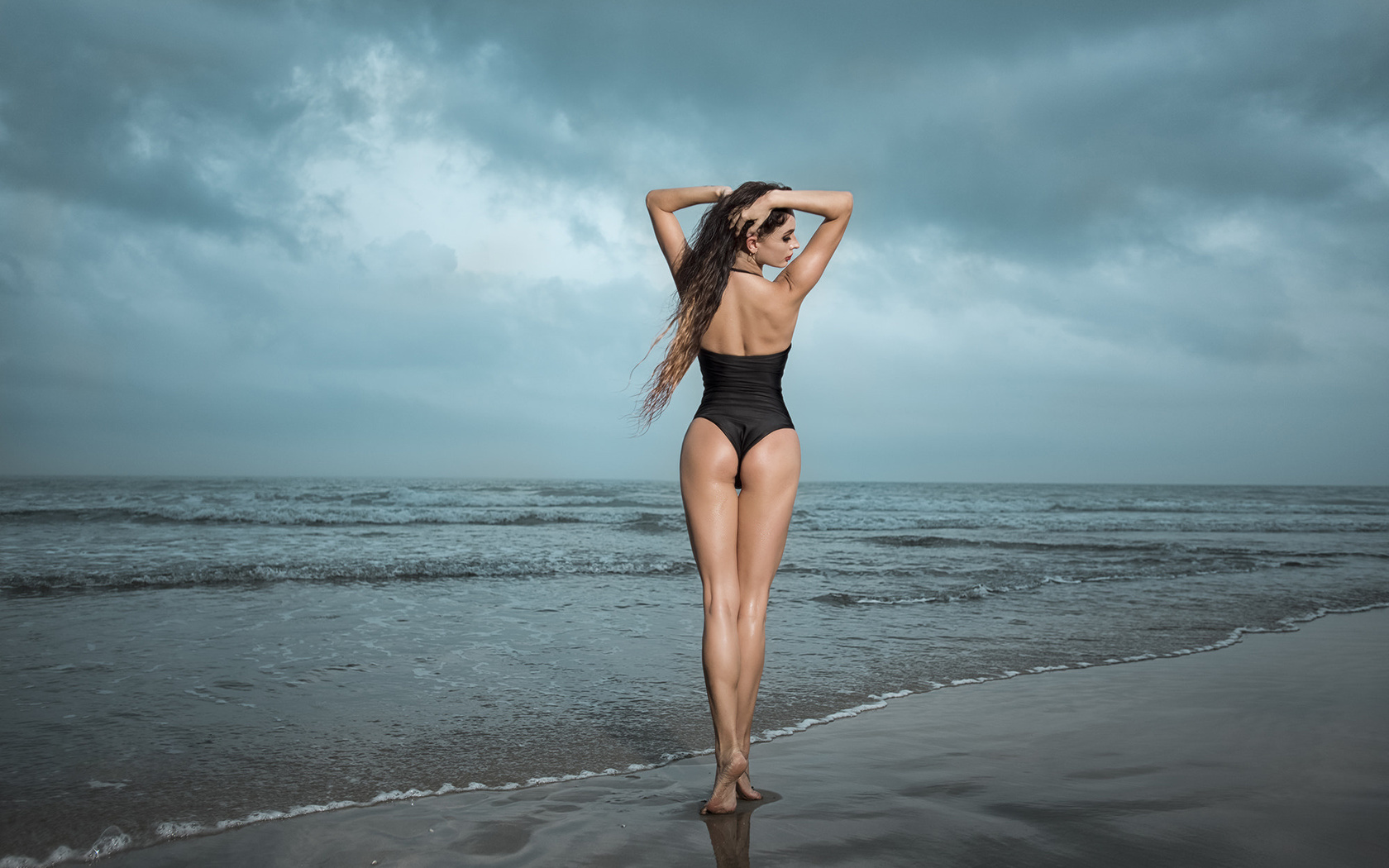 women, sea, ass, back, one-piece swimsuit, women outdoors, brunette, long hair, the gap, hands on head