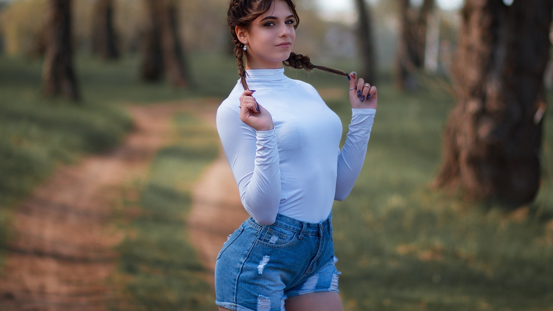 women, portrait, pigtails, women outdoors, smiling, blue nails, trees, depth of field, hands in hair