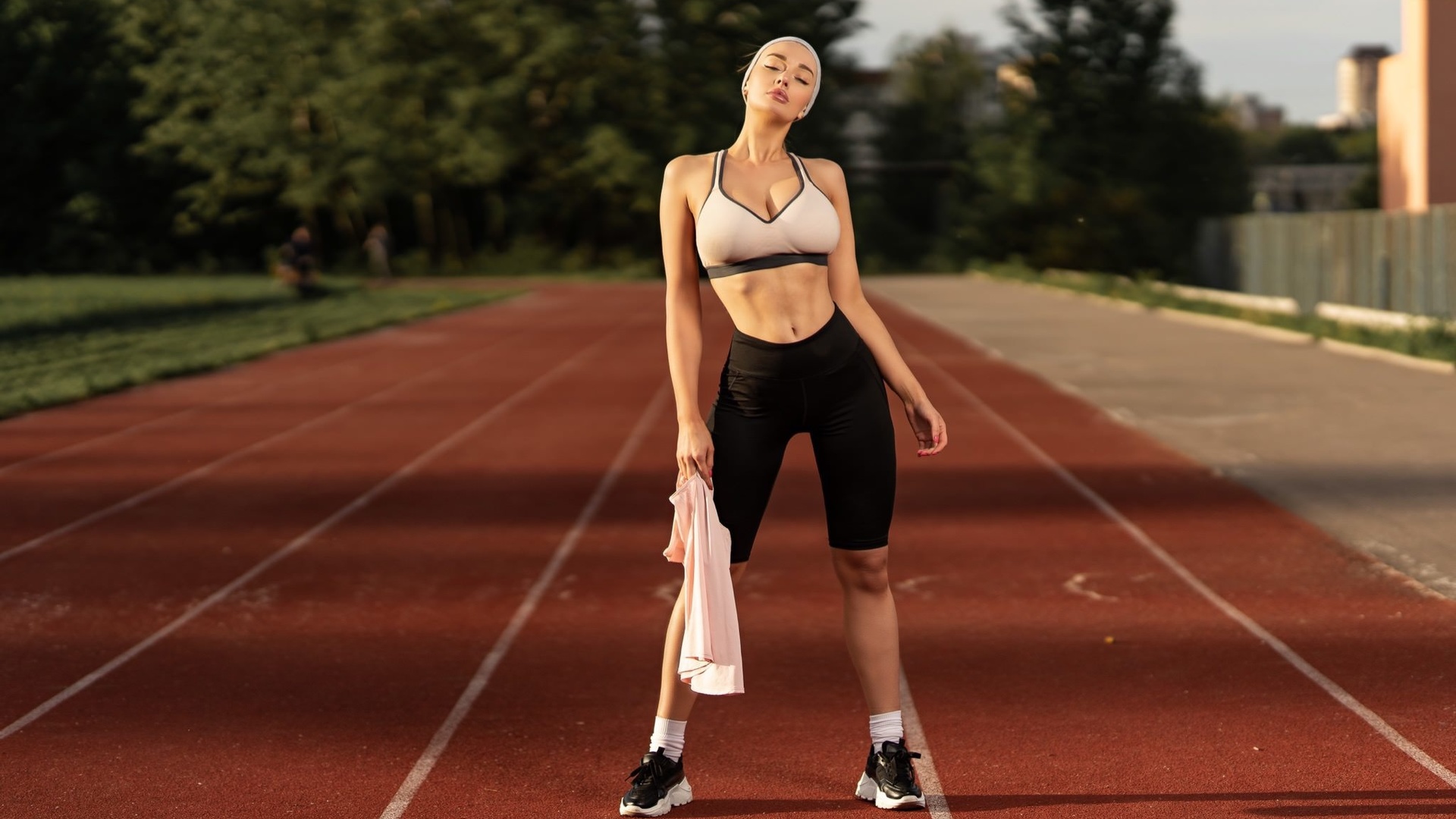 women, sportswear, sneakers, women outdoors, belly, white socks, closed eyes, pink lipstick, hair band