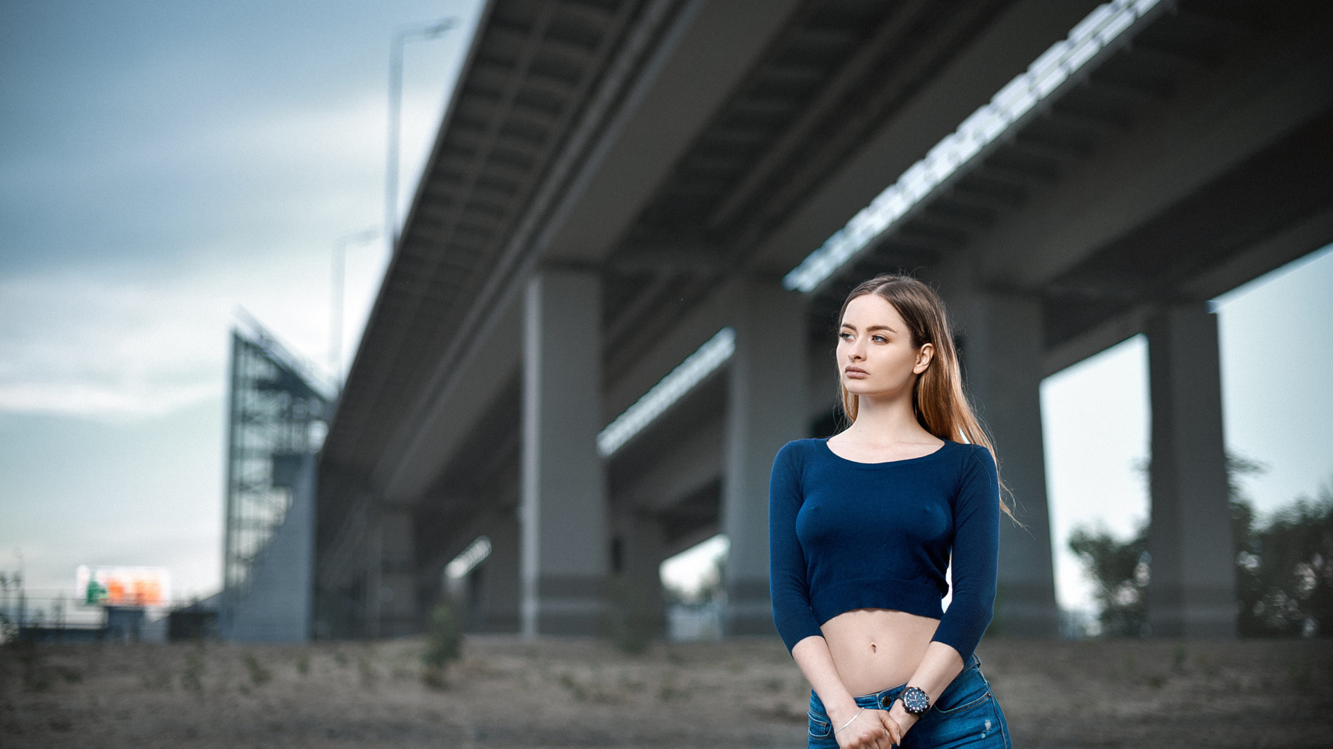 women, nipples through clothing, jeans, looking away, long hair, bridge, women outdoors, belly,   ,sergey gokk