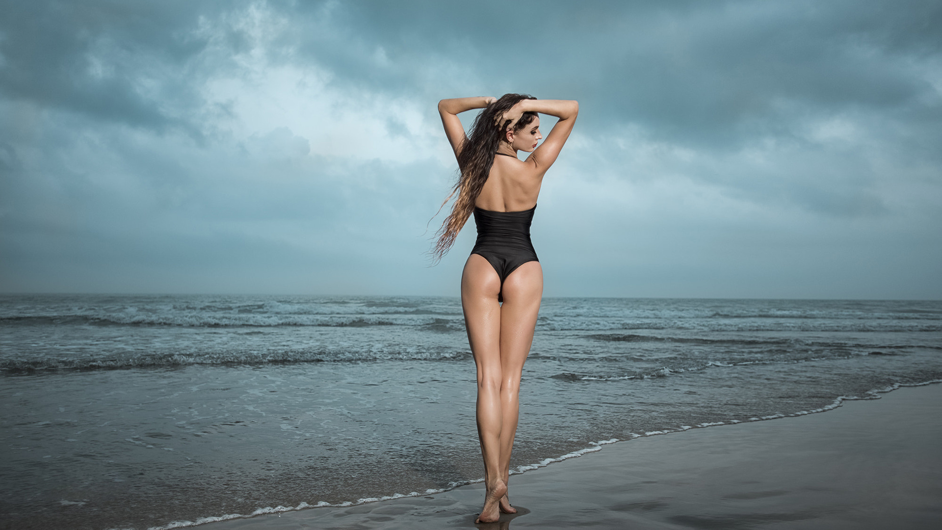 women, sea, ass, back, one-piece swimsuit, women outdoors, brunette, long hair, the gap, hands on head