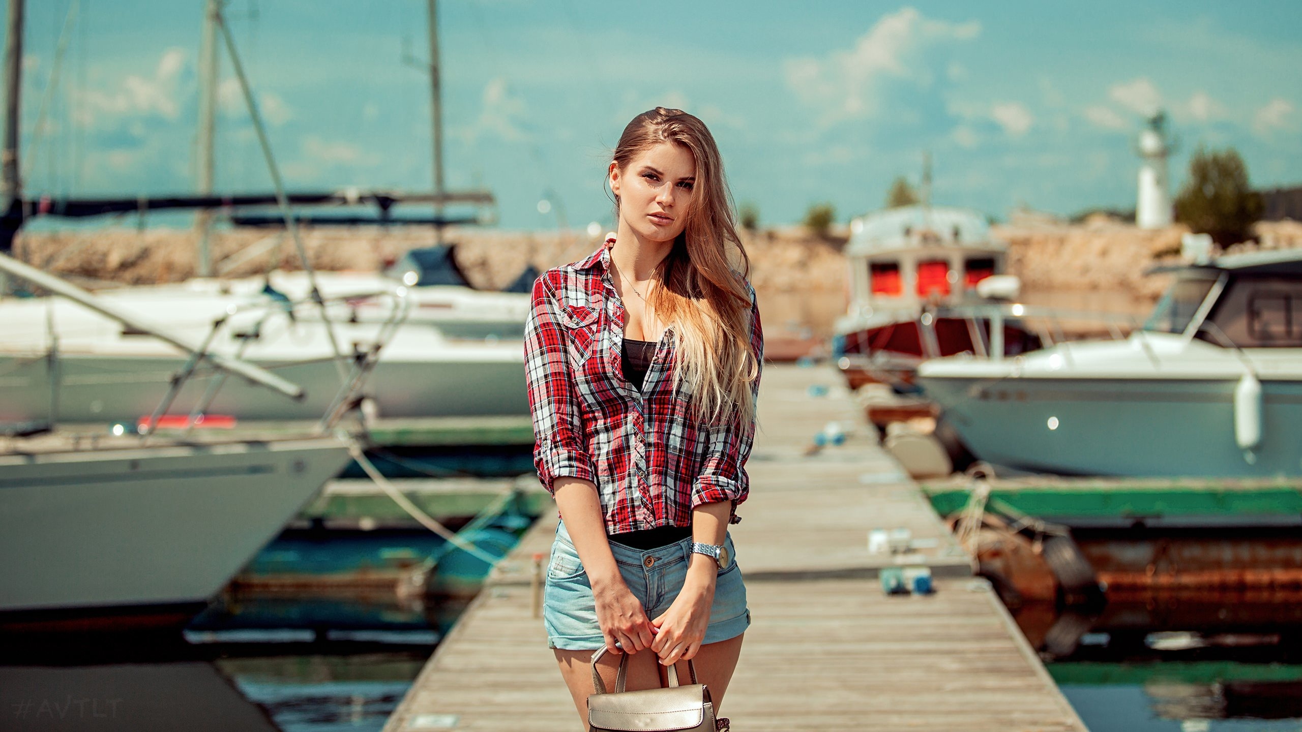 women, blonde, jean shorts, plaid shirt, boat, pier, handbags, long hair,  ,aleksandr suhar