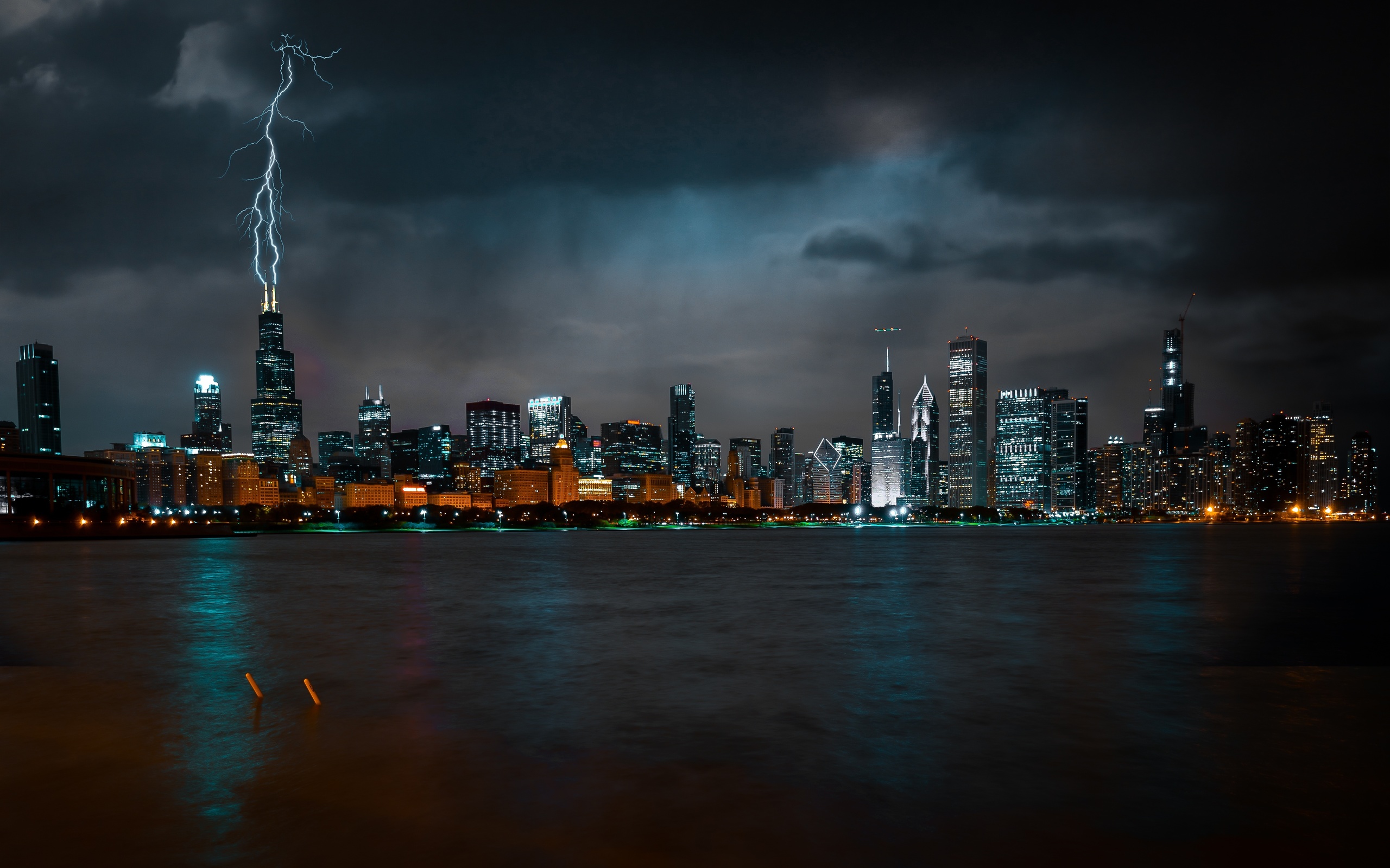 chicago, night, skyscrapers, metropolis, lightning rod