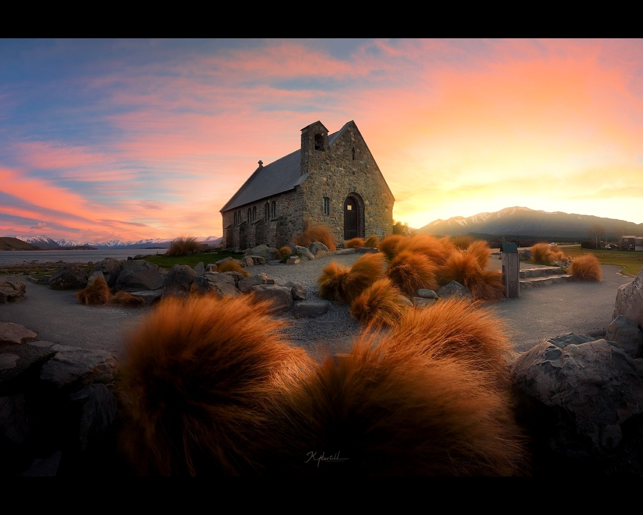 landscape, dark, building, sky, plants, stones