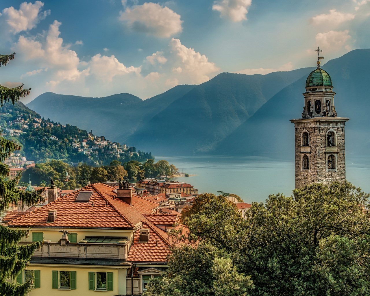 lugano, mountain landscape, lake, morning, sunrise, fog, switzerland