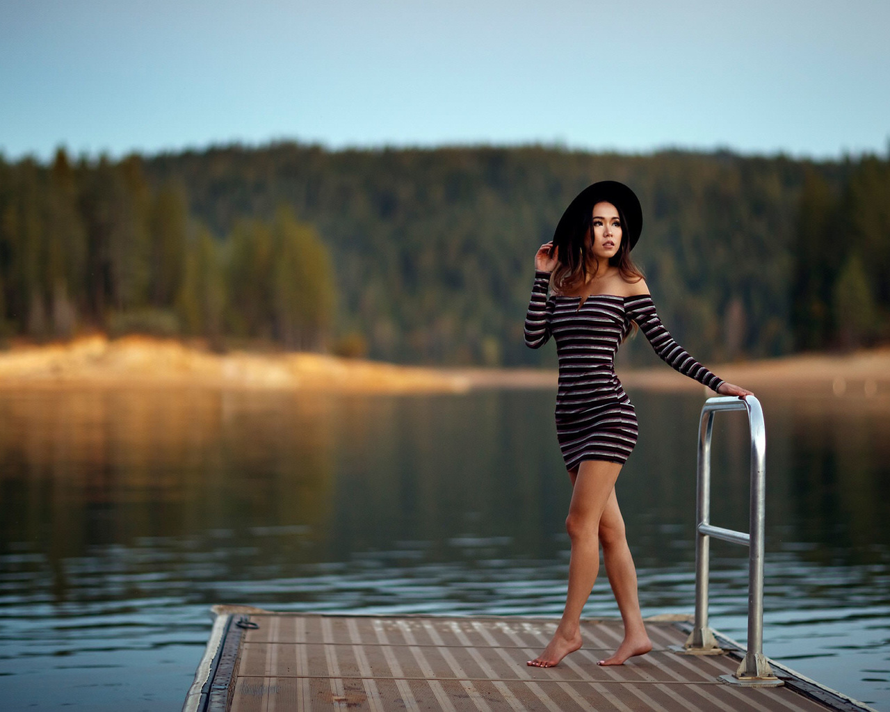 women, hat, lake, women outdoors, dress, looking away, forest, pier, bare shoulders, 