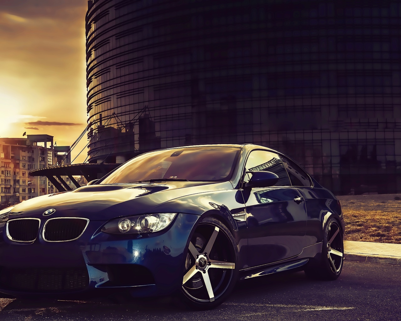 vehicle, car, sports car, bmw, city, sky, clouds