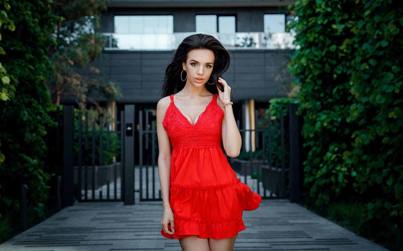 women, portrait, red dress, hoop earrings, cleavage, women outdoors