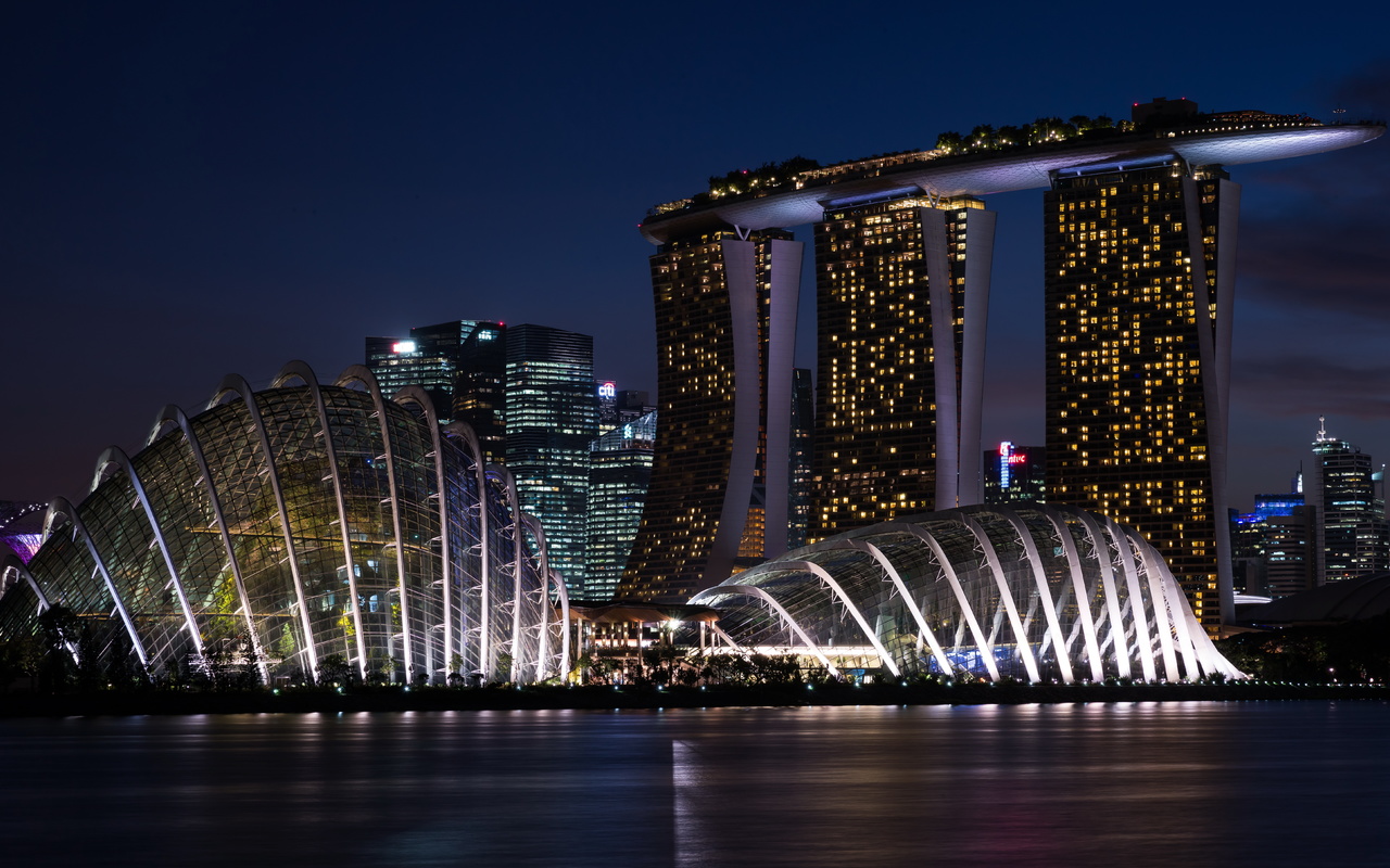 , marina bay sands, , , , , , , , night, lights, river, the city, promenade, construction, building, singapore