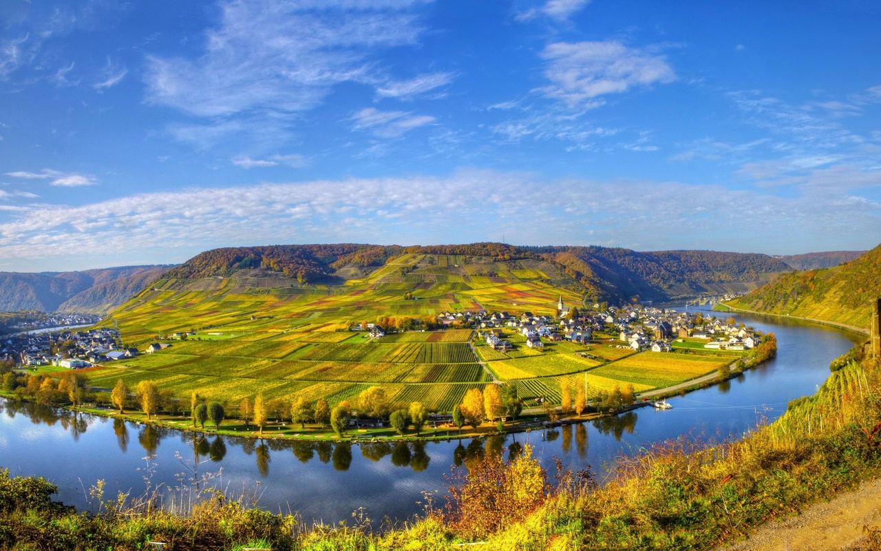 scenery, house, river, field, sky