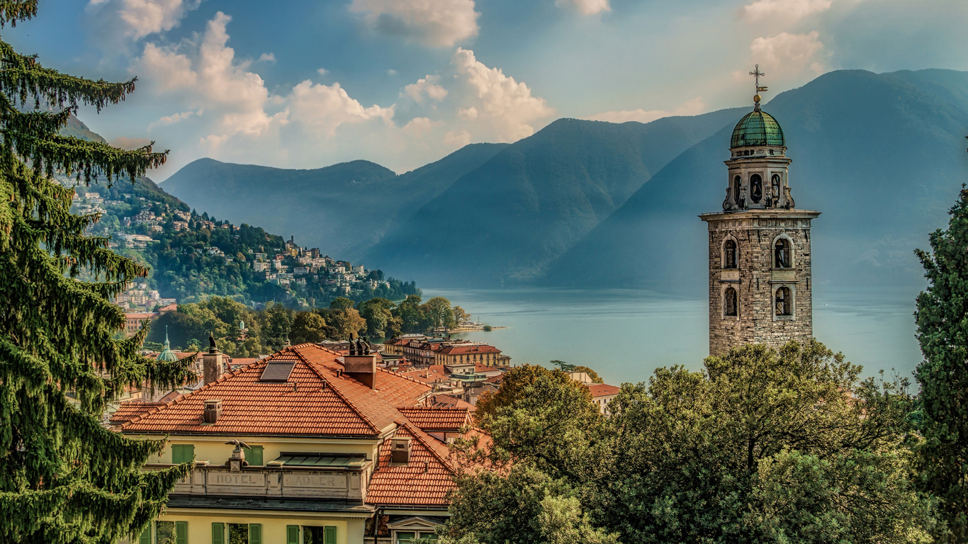 lugano, mountain landscape, lake, morning, sunrise, fog, switzerland