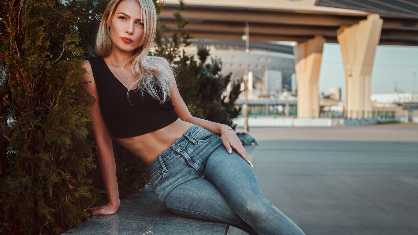 women, sitting, jeans, blonde, tank top, women outdoors, red lipstick, portrait, oleg kirichenko ,dasha