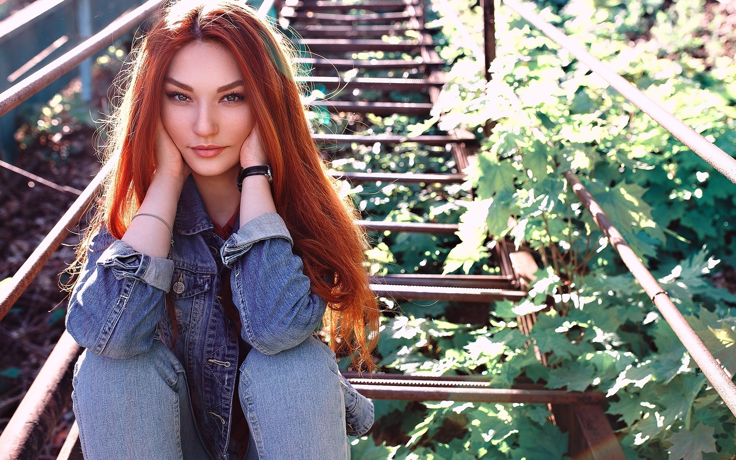 women, redhead, portrait, jeans, denim, stairs, women outdoors, sitting, diana askarova