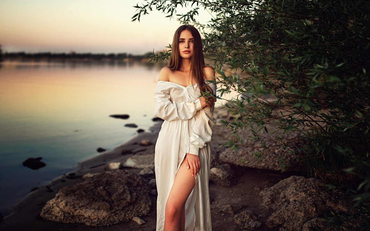 women, white dress, bare shoulders, rocks, river, sunset, women outdoors, long hair