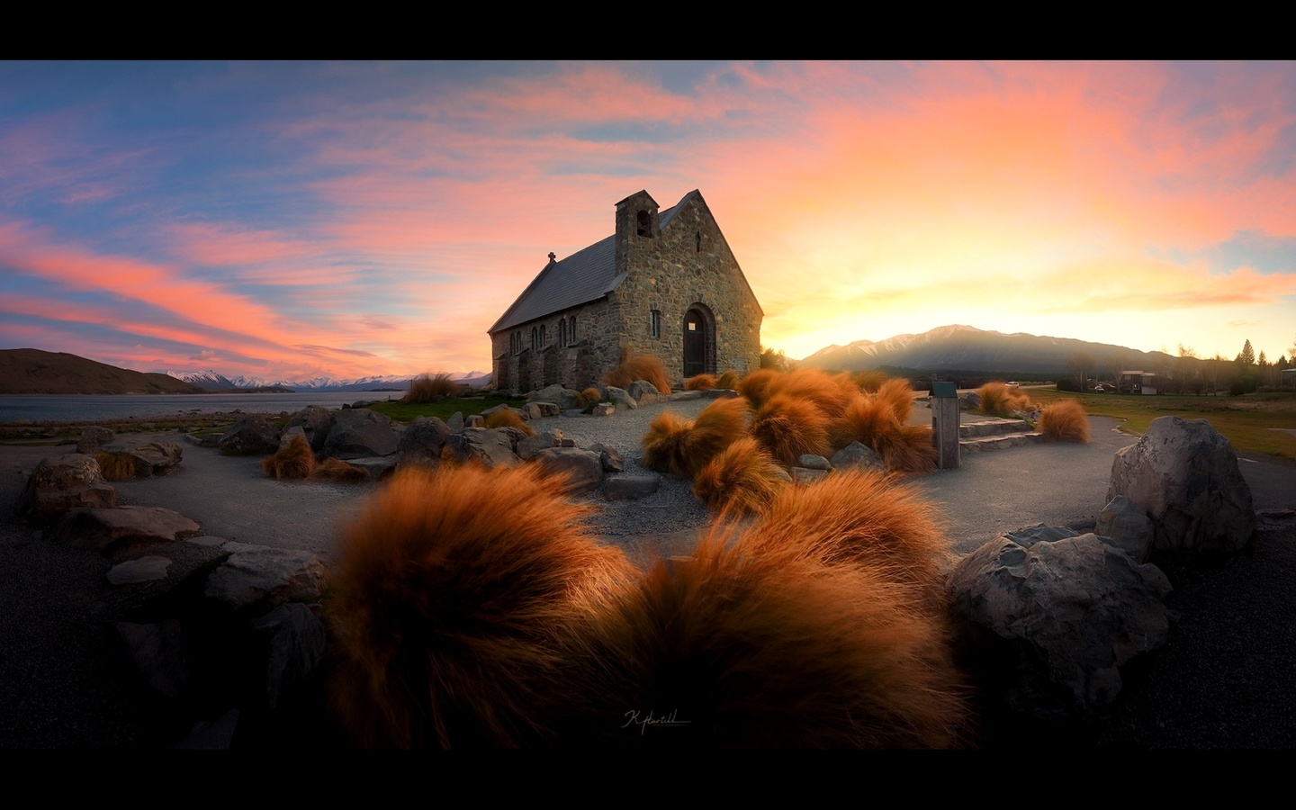 landscape, dark, building, sky, plants, stones