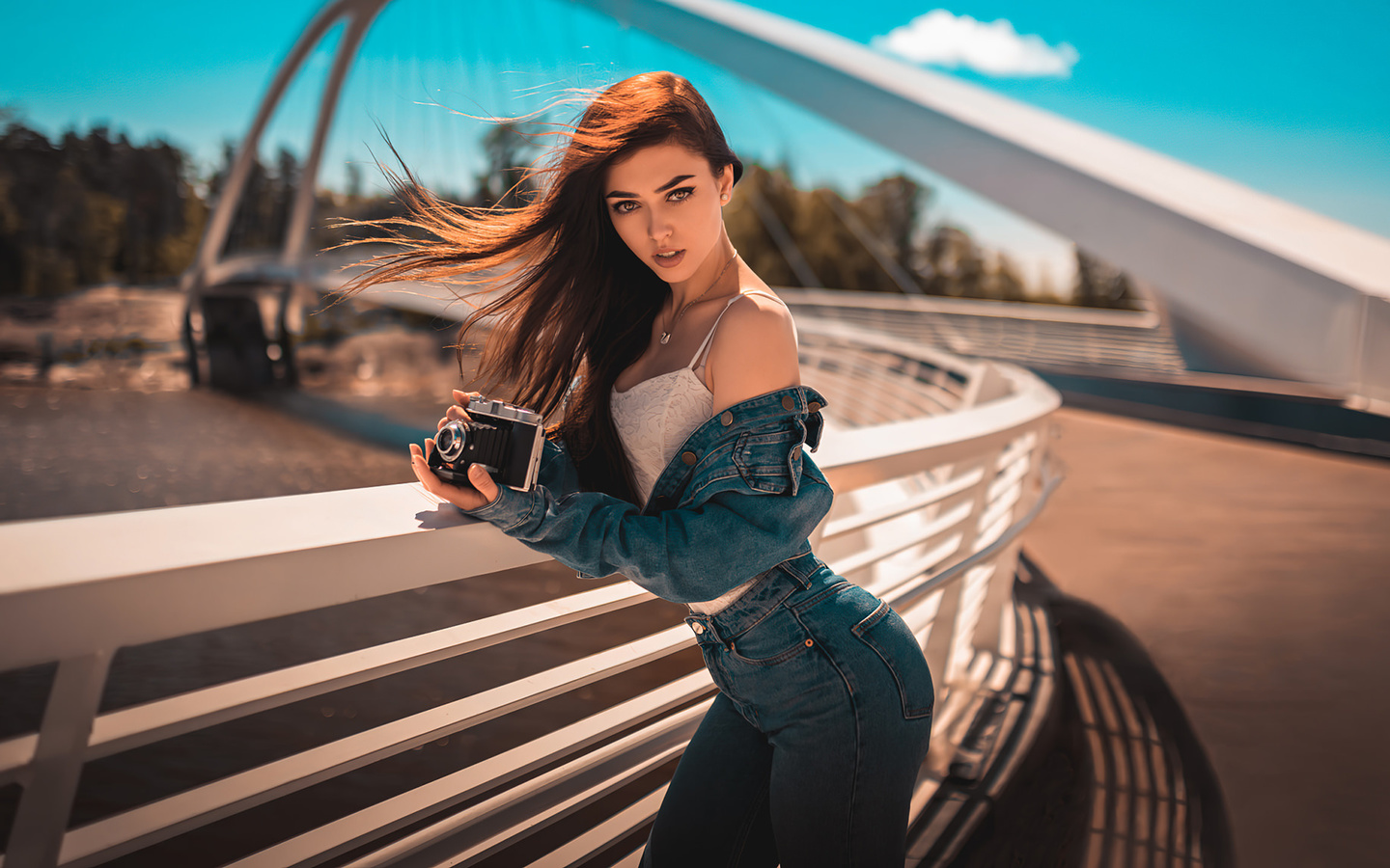 women, denim, jeans, camera, women outdoors, necklace, bridge, portrait, river, long hair