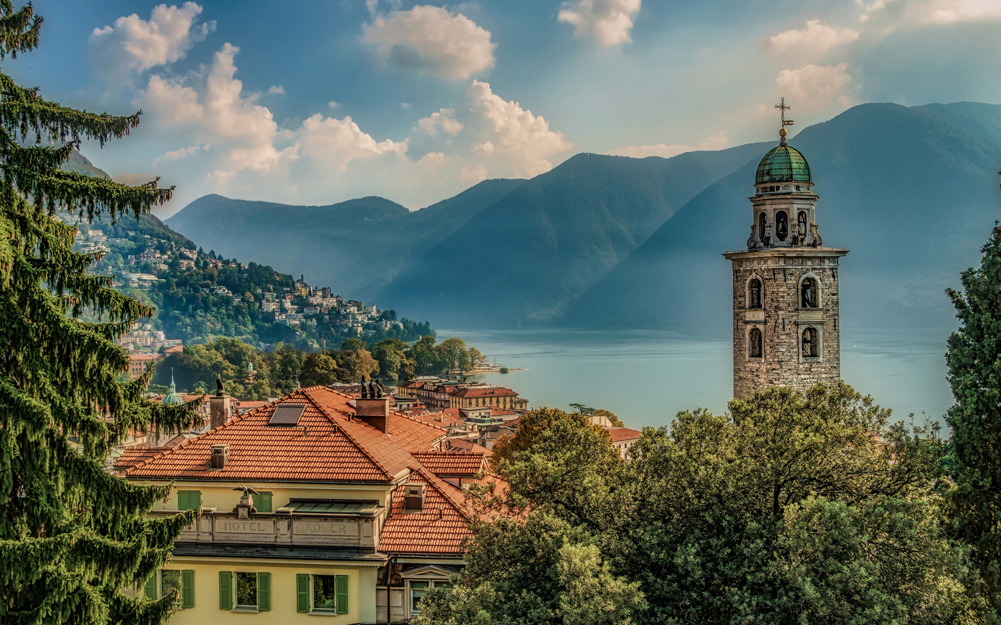 lugano, mountain landscape, lake, morning, sunrise, fog, switzerland