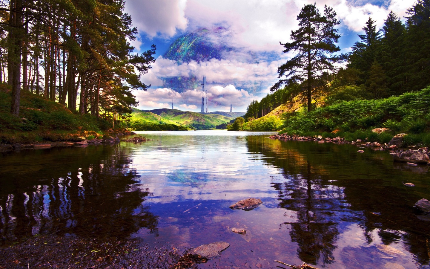 futuristic, planet, science fiction, lake, hills, water