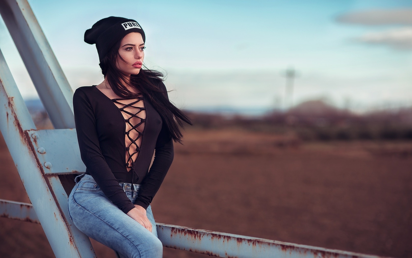 model, portrait, depth of field, looking away, brunette, photography, jeans, blue, black hair, fashion, wind, juicy lips, no bra, spring, hard nipples, sideboob, curvy, dimitris konstantinidis, old bridge, marianna bafiti, color, girl, beauty, season, lad