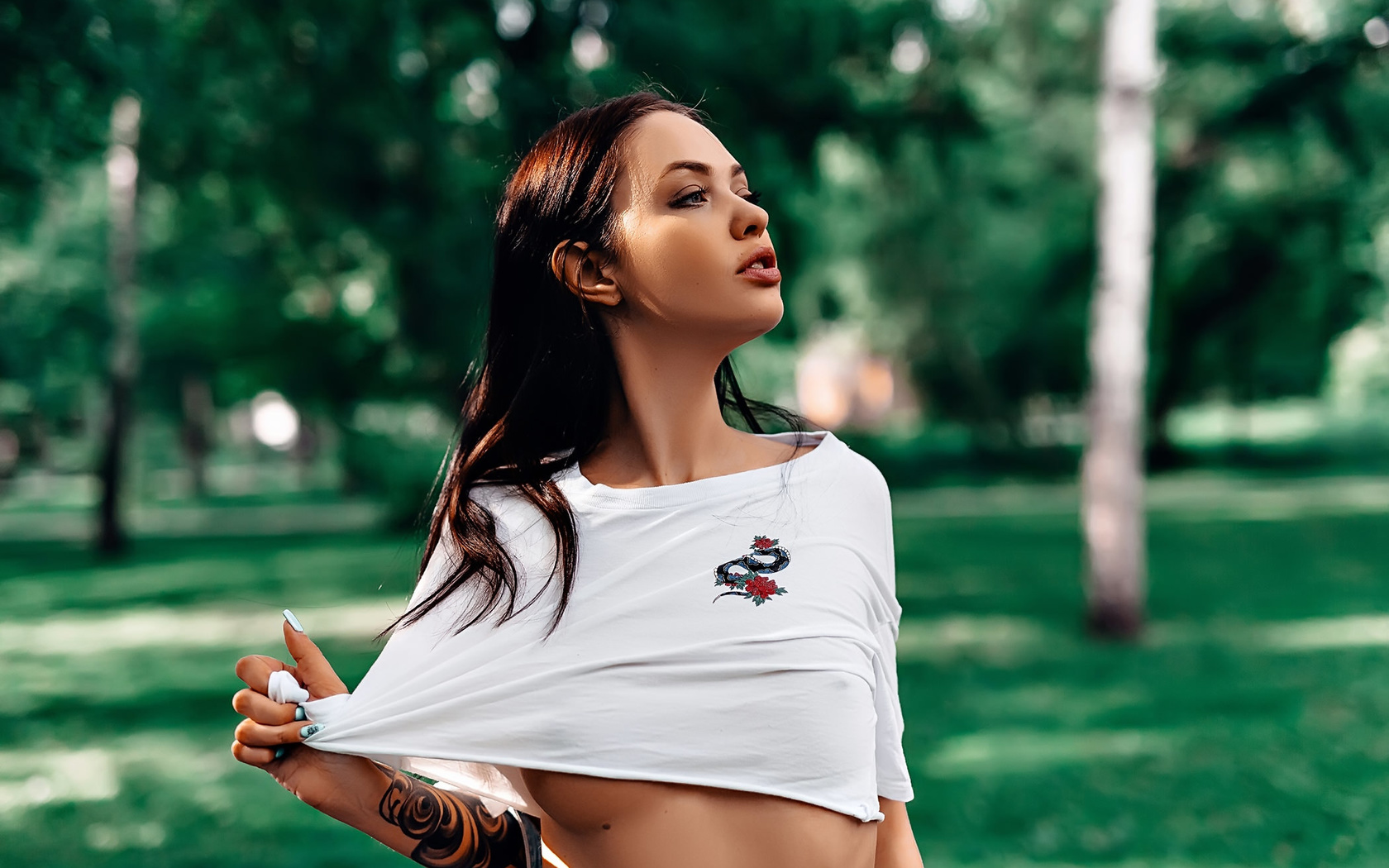 women, underboob, grass, looking away, boobs, crop top, trees, women outdoors, portrait, tattoo, t-shirt, brunette, no bra