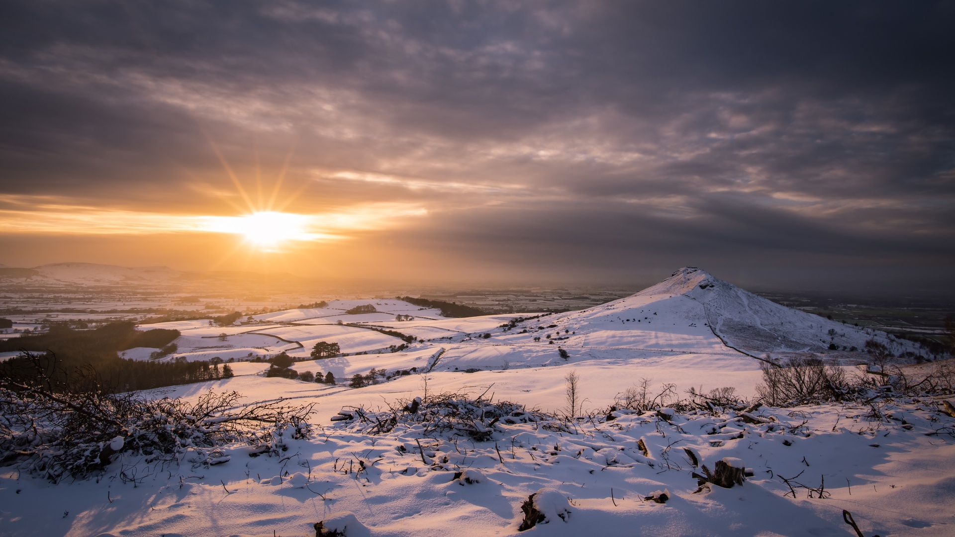 sunset, clouds, field, snow, winter, scenic