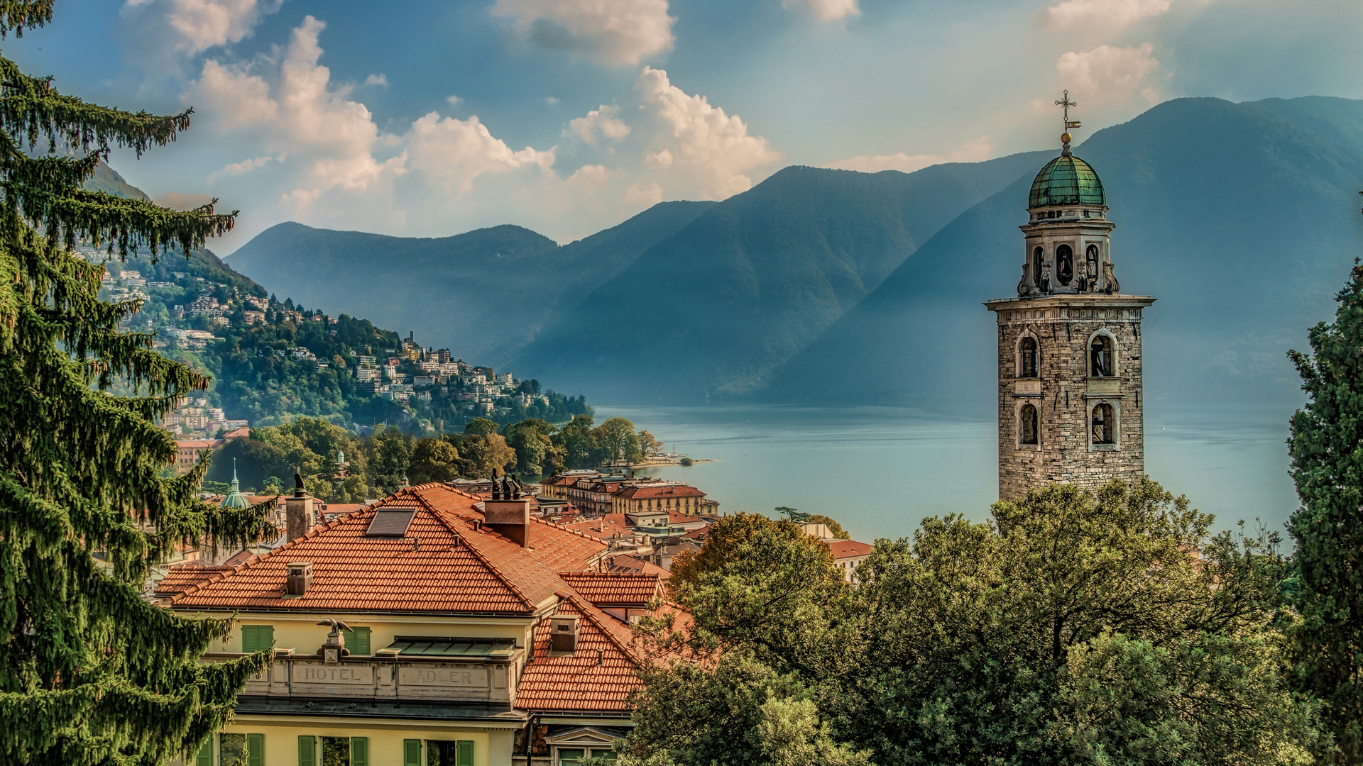 lugano, mountain landscape, lake, morning, sunrise, fog, switzerland