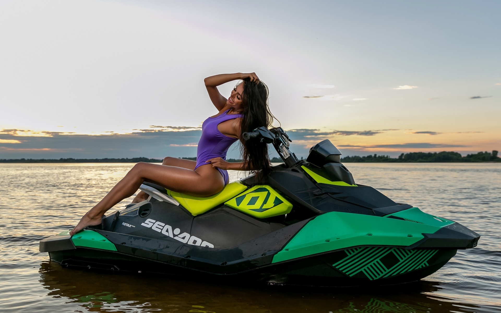 women, jet ski, one-piece swimsuit, brunette, smiling, ass, sea, sunset, sitting, women outdoors, swimwear, long hair