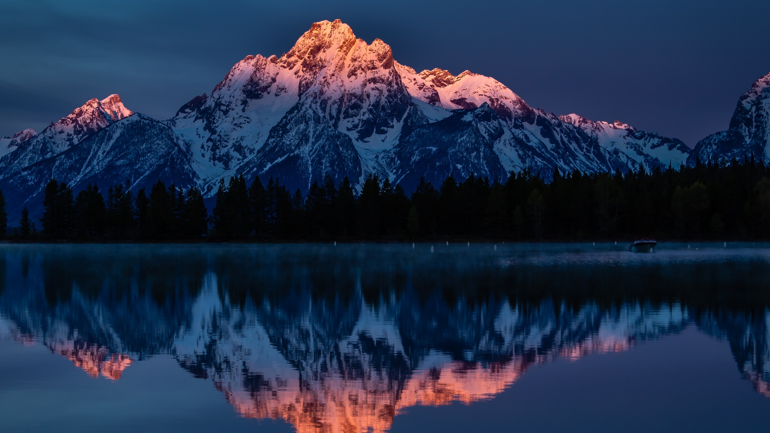 mountains, reflection, lake, dawn, snowline, scenic