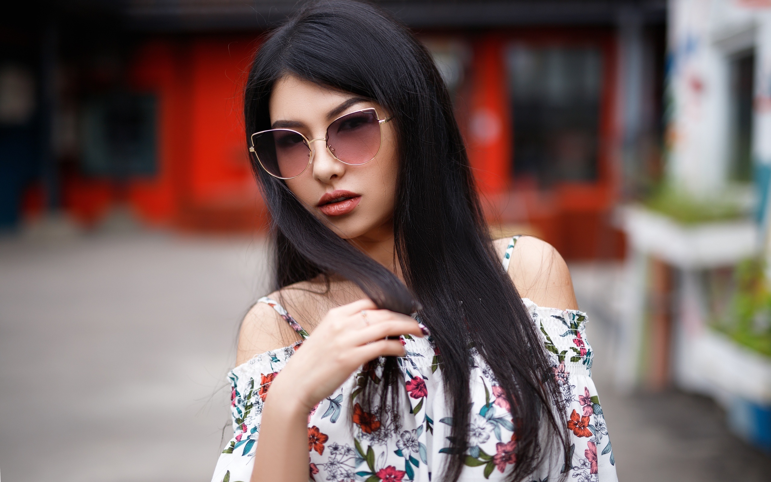 women, maksim romanov, portrait, bare shoulders, sunglasses, long hair