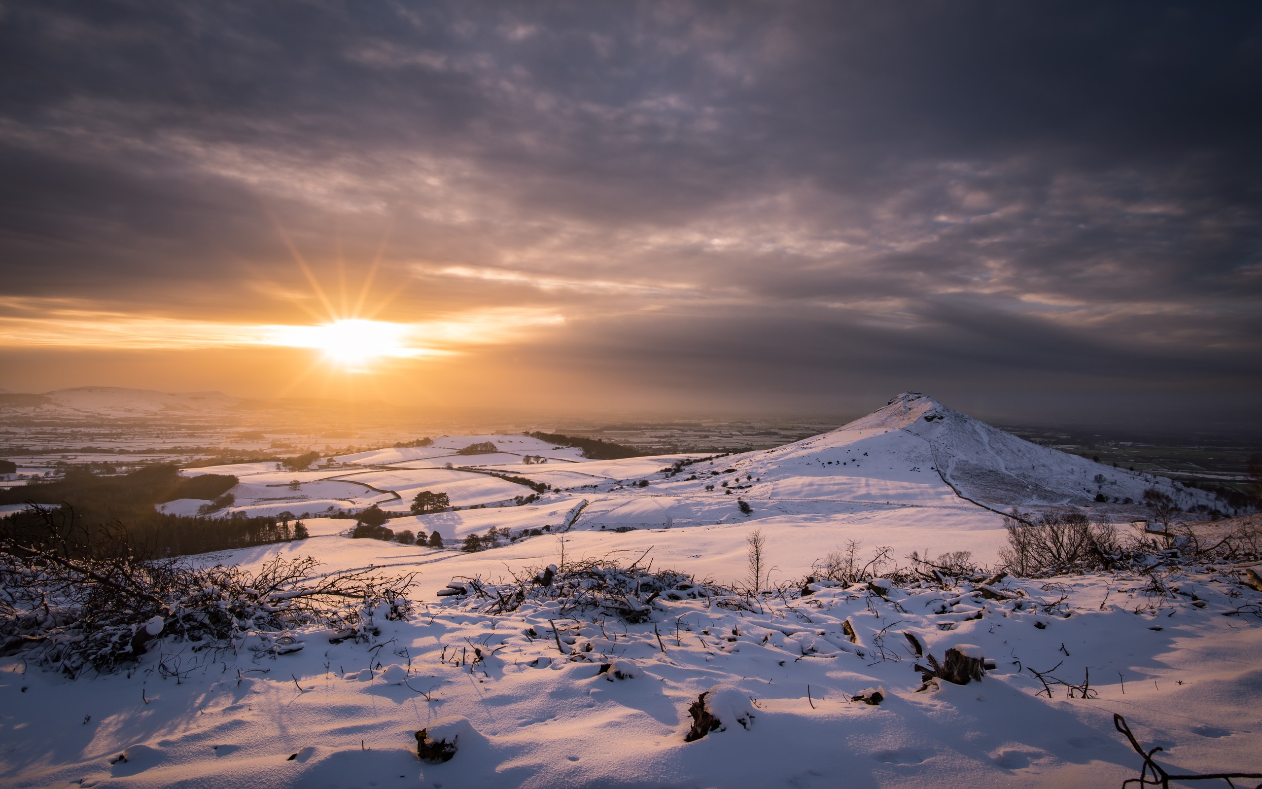 sunset, clouds, field, snow, winter, scenic