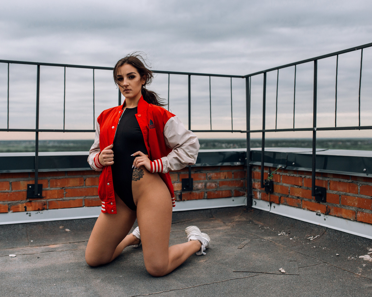 women, kneeling, sweater, brunette, sneakers, tattoo, rooftops, fence, bodysuit, women outdoors