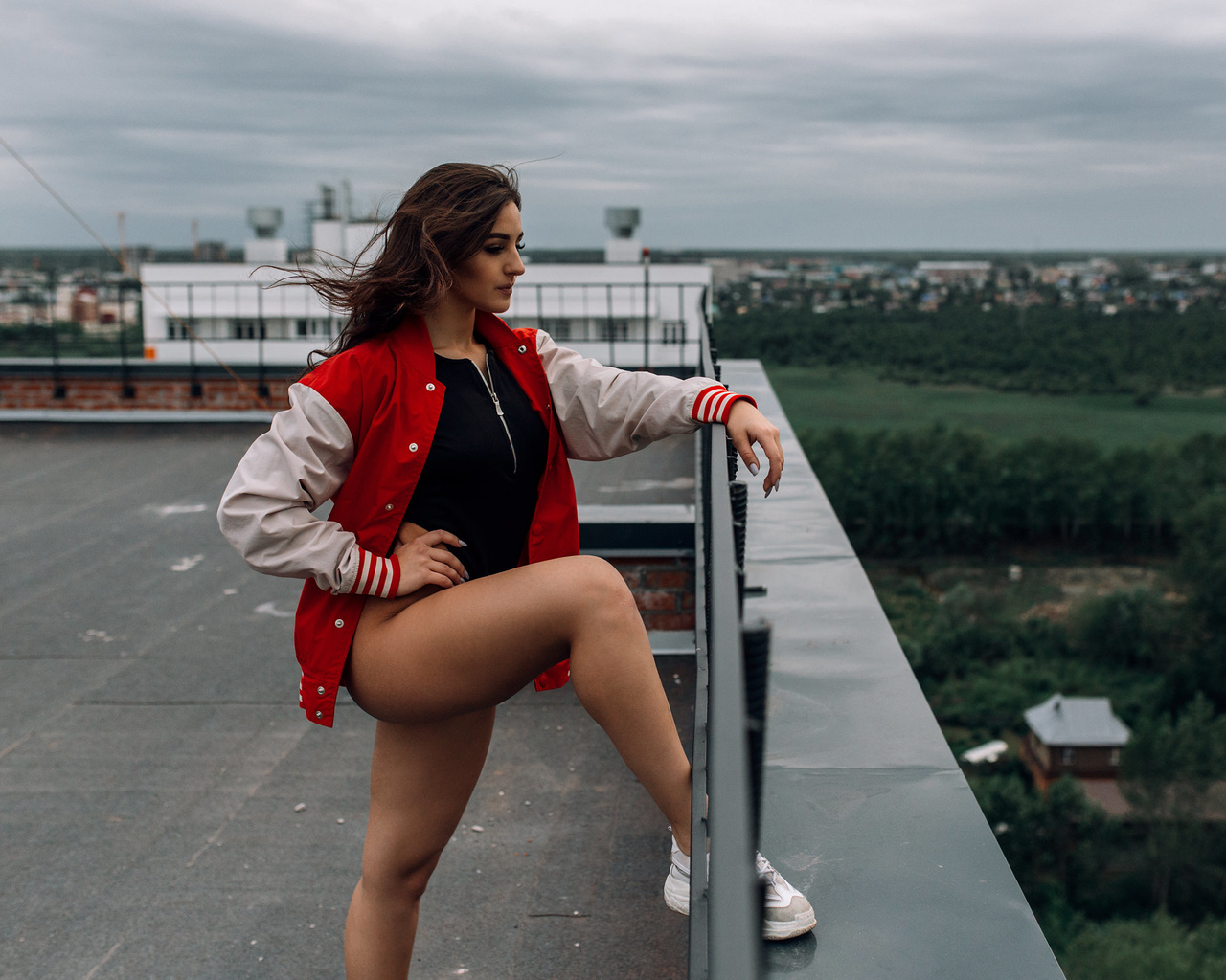 women, rooftops, ass, brunette, sweater, sneakers, looking away, fence, women outdoors, bodysuit, painted nails