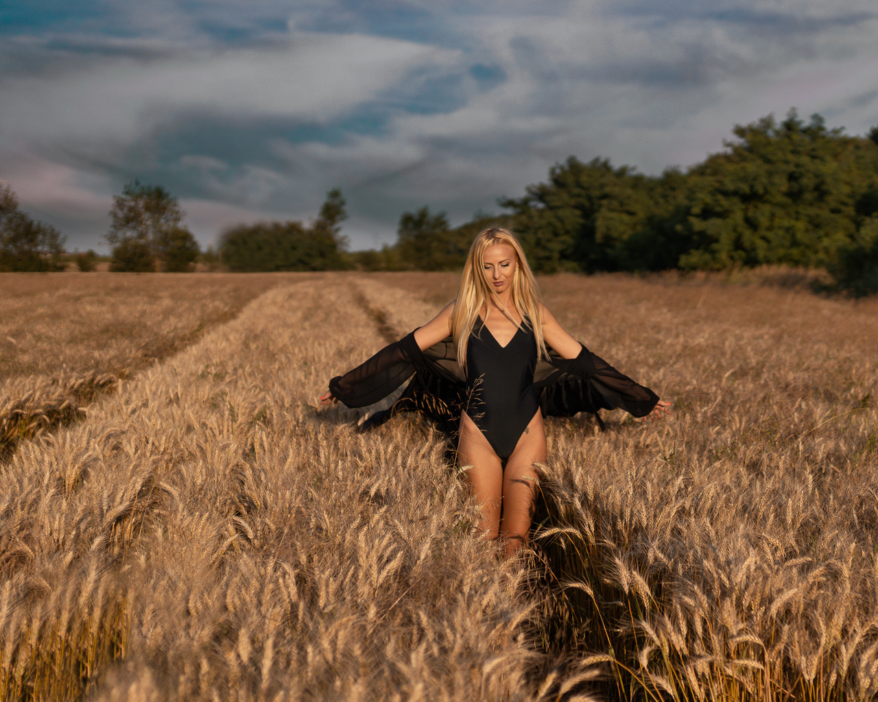 blonde, cleavage, brunette, women outdoors, tattoo, red nails, trees, long hair, women