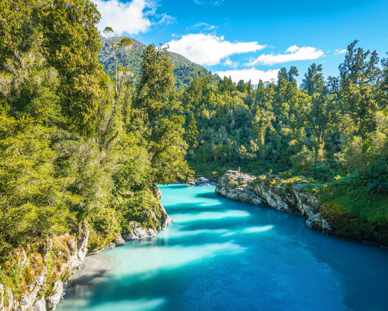 blue river, mountains, summer, forest, south island, new zealand