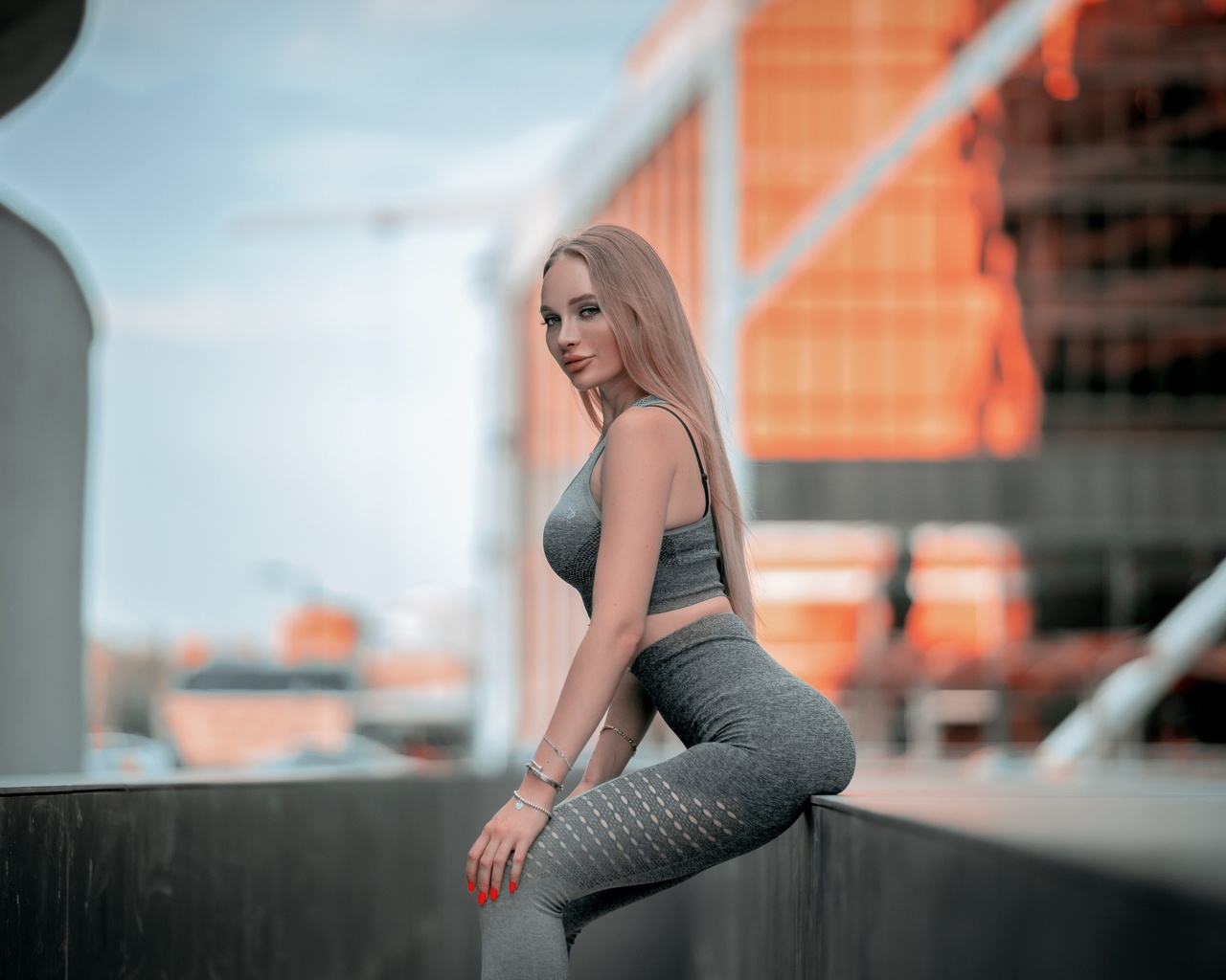 women, sportswear, long hair, women outdoors, red nails, blonde, building, looking at viewer