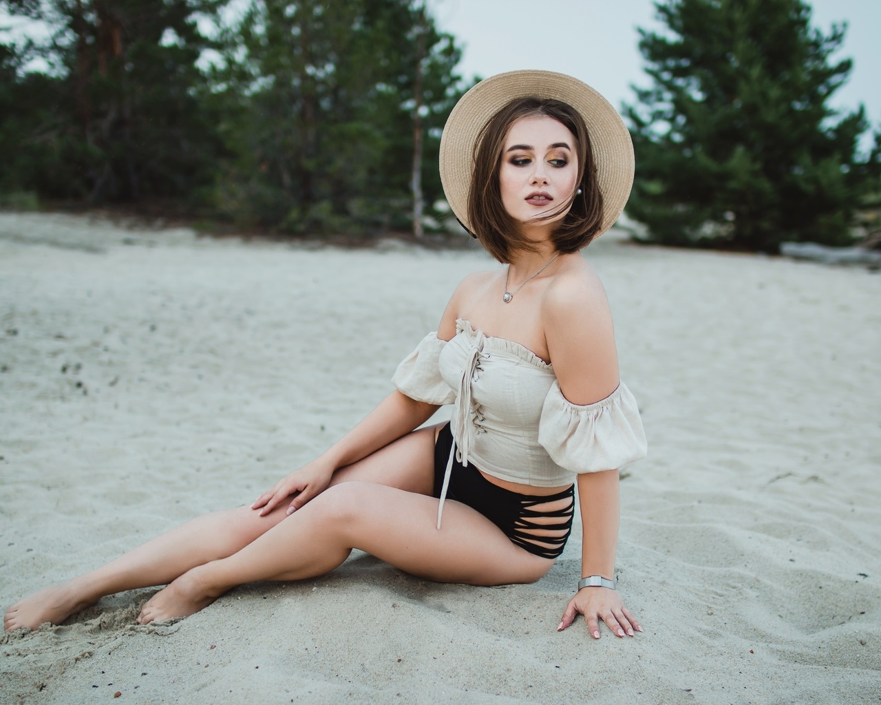 women, sitting, hat, swimwear, necklace, bare shoulders, women outdoors, trees, brunette, watch, sand