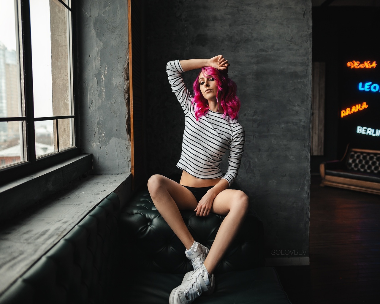 women, artem solovev, pink hair, sitting, window, sneakers, black panties, couch, brunette, dyed hair