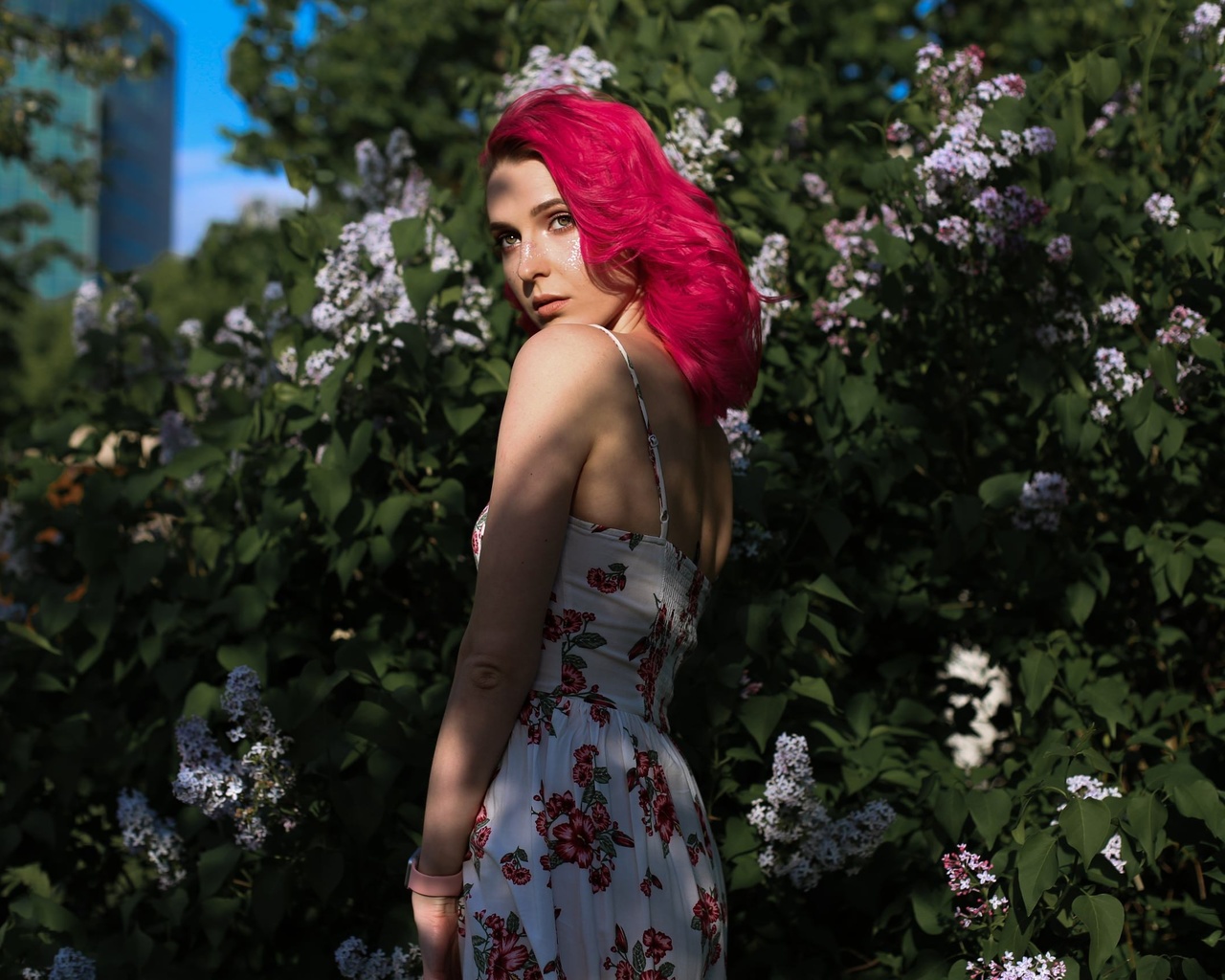 women, pink hair, portrait, dress, women outdoors, dyed hair, watch