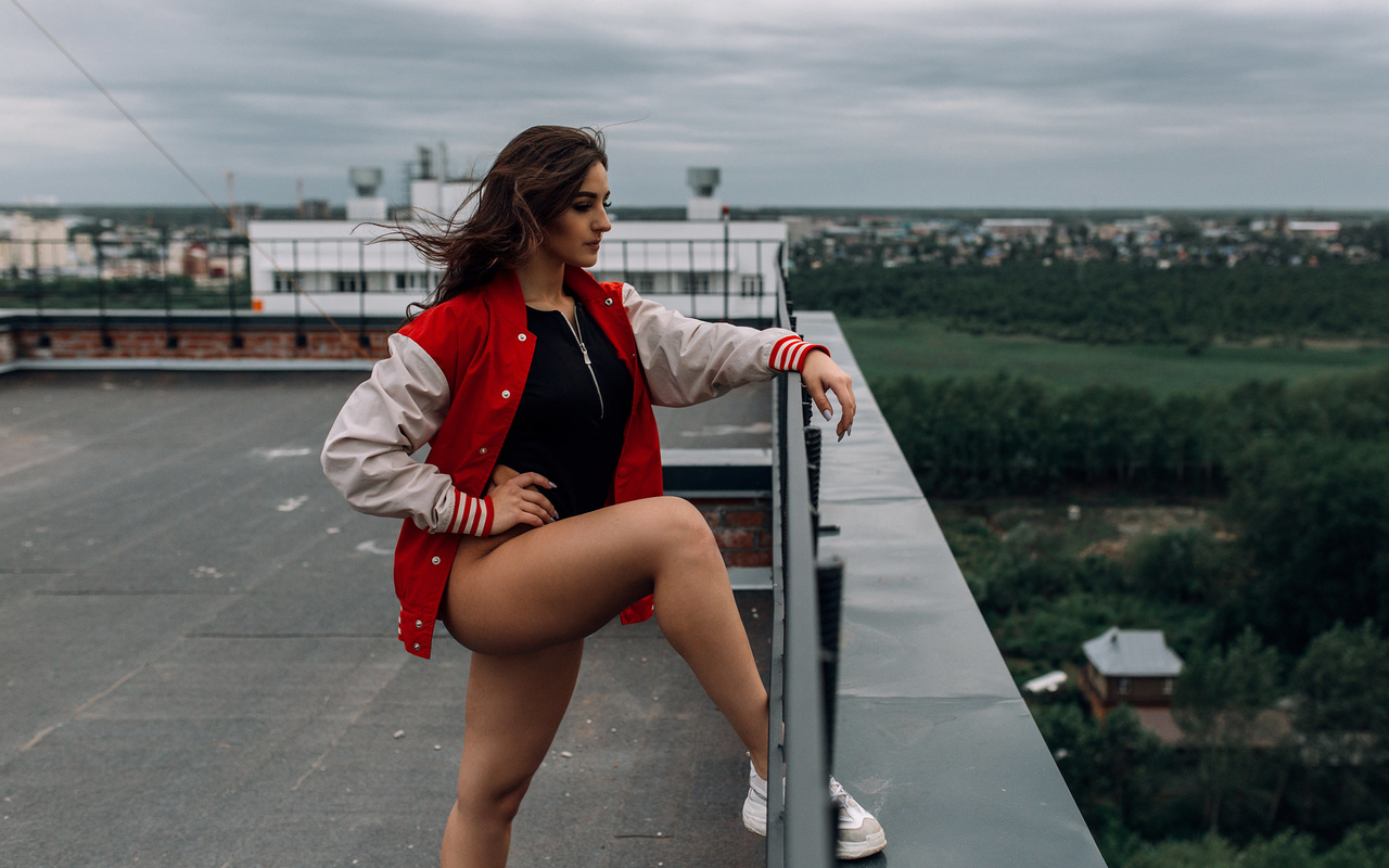 women, rooftops, ass, brunette, sweater, sneakers, looking away, fence, women outdoors, bodysuit, painted nails