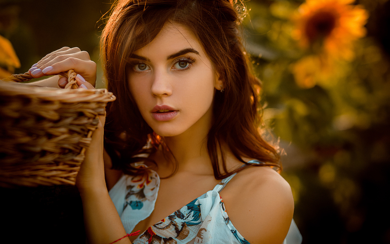 women, face, portrait, pink lipstick, painted nails, women outdoors, sunflowers