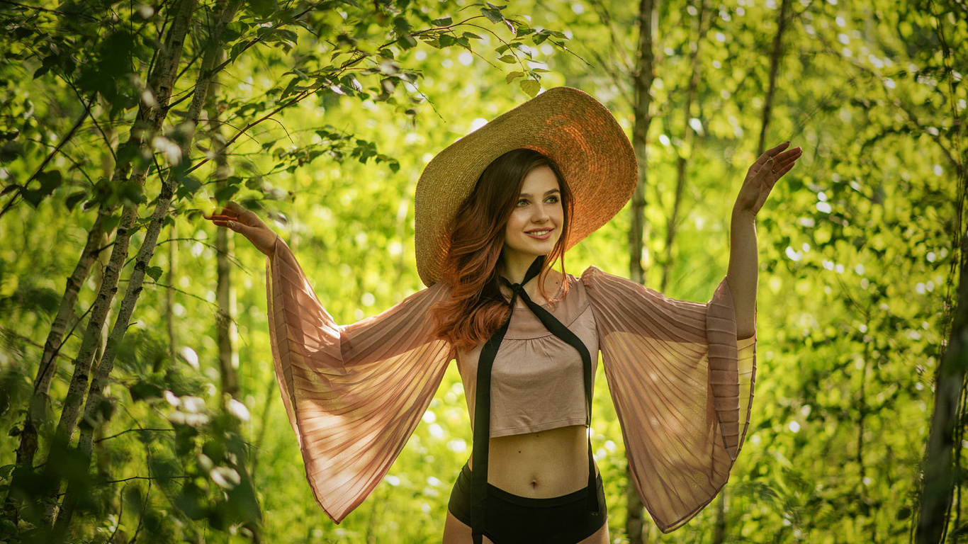 women, hat, smiling, women outdoors, the gap, belly, looking away, black panties