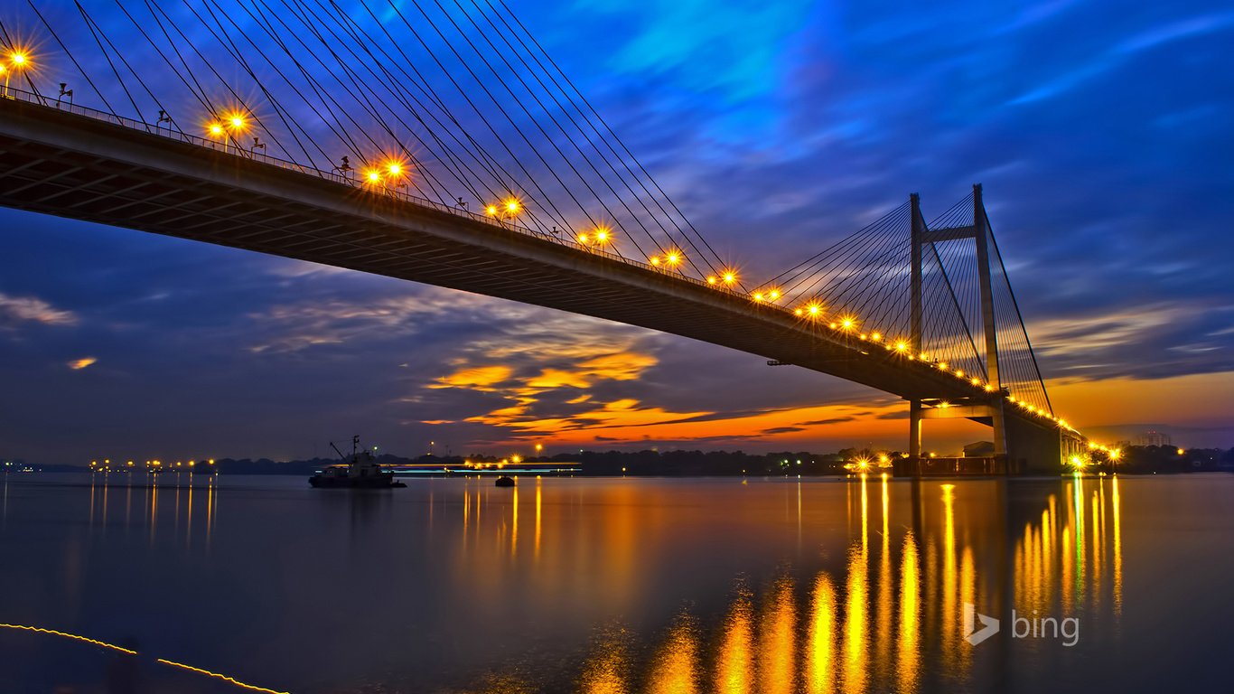 ,  , , , , hooghly bridge, , , , , , , night, west bengal, lights, kolkata, the evening, ganges, river, bridge, the city, glow, india